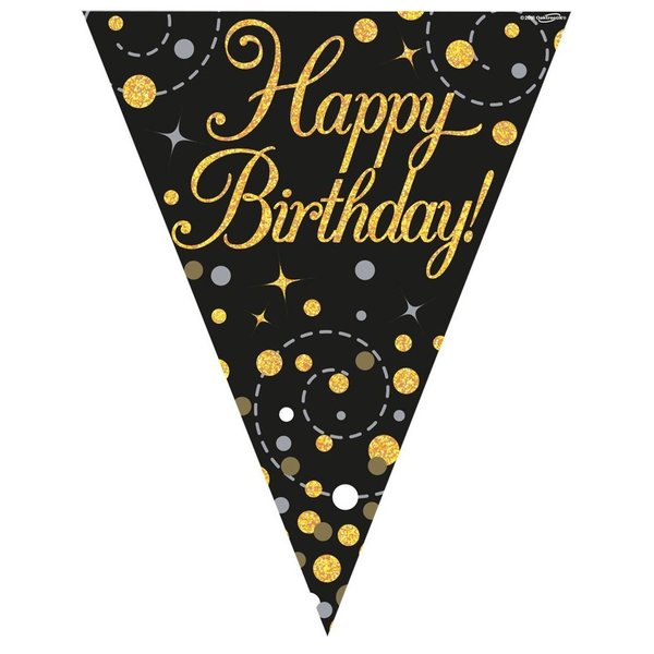 Happy Birthday Wimpelkette  Sparkling Fizz  Black & Gold Holographic