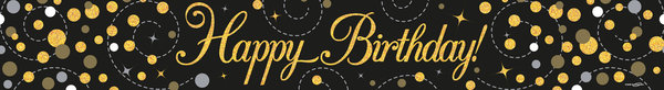 Happy Birthday Banner  Sparkling Fizz  Black & Gold Holographic