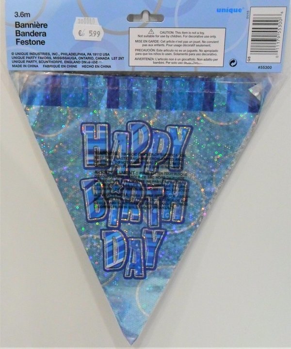 Wimpelkette Happy Birthday Glitz Blau 3,60m