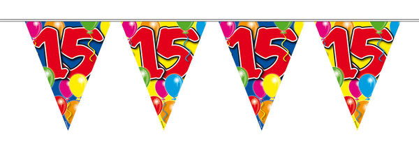 15. Geburtstag Wimpelkette mit Ballons - 10 Meter