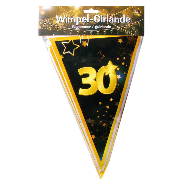 Wimpel- Girlande "30", schwarz/gold, 10 meter