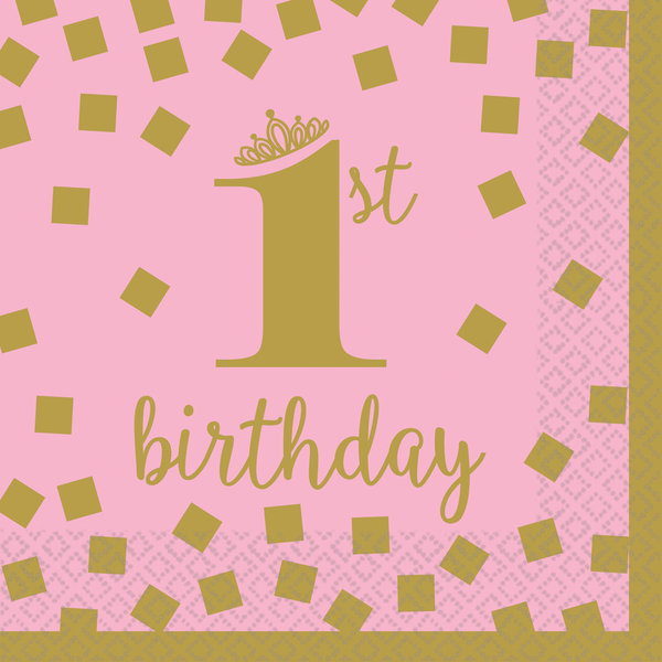 16 Servietten "1st Birthday" pink & gold 25 x 25 cm