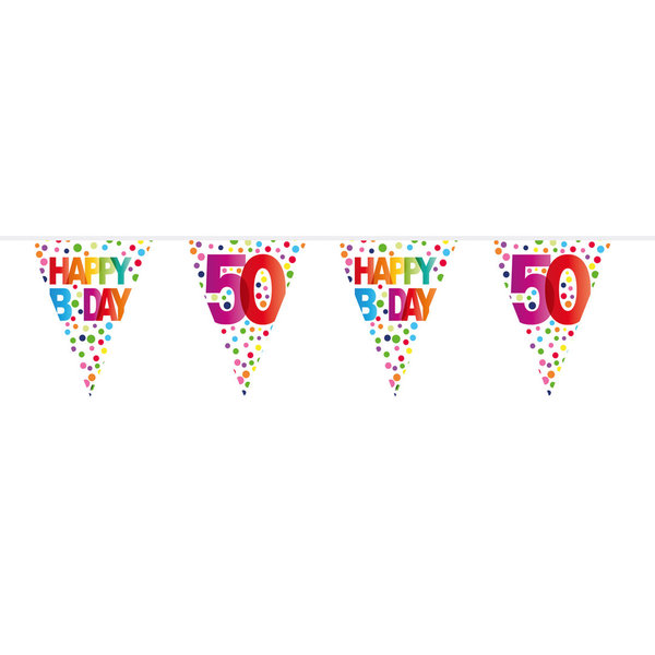 50. Geburtstag Happy B-Day Wimpelkette mit Punkten - 10 Meter