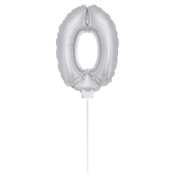 Folienballon Zahl mit Stab - 0 - Silber  36 cm