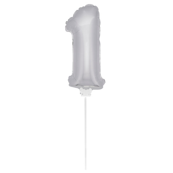 Folienballon Zahl mit Stab - 1 - Silber  36 cm