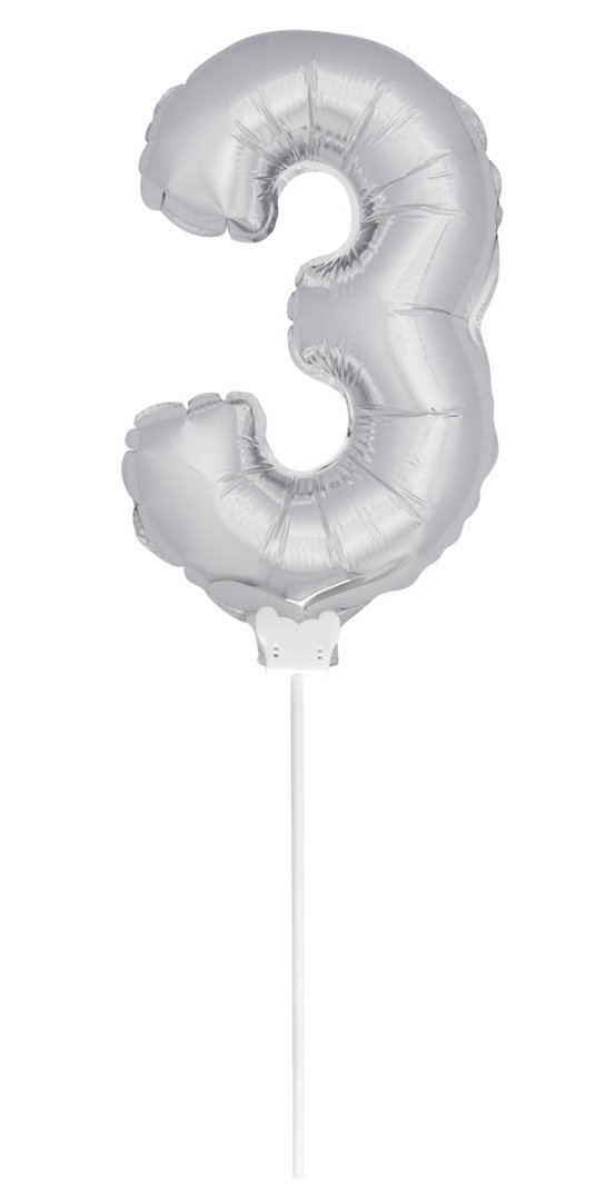 Folienballon Zahl mit Stab - 3 - Silber  36 cm
