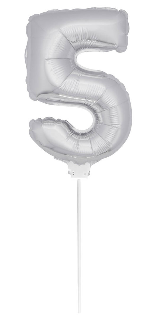 Folienballon Zahl mit Stab - 5 - Silber  36 cm