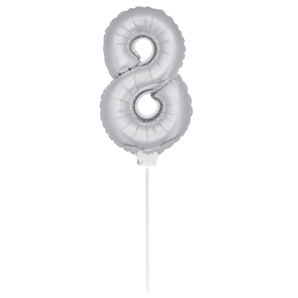 Folienballon Zahl mit Stab - 8 - Silber  36 cm