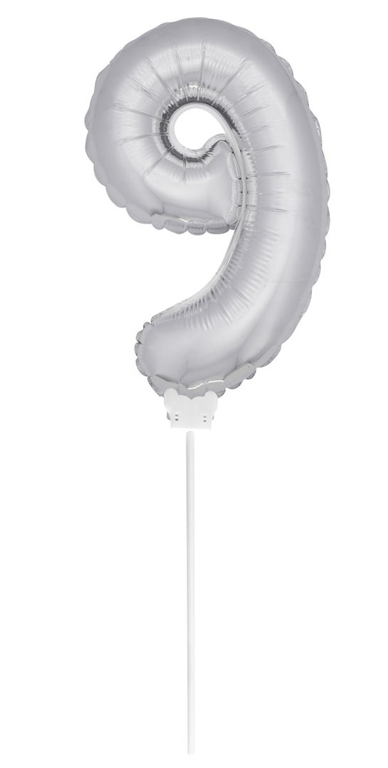 Folienballon Zahl mit Stab - 9 - Silber  36 cm