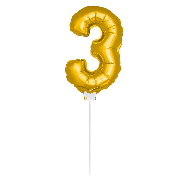 Folienballon Zahl mit Stab - 3 - Gold  36 cm