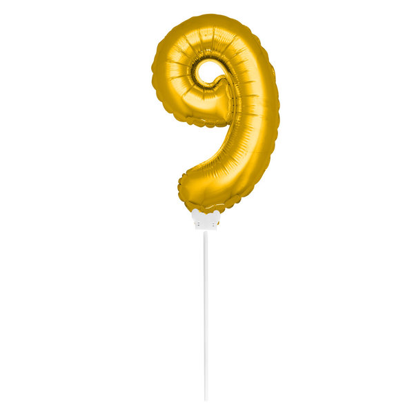 Folienballon Zahl mit Stab - 9 - Gold  36 cm