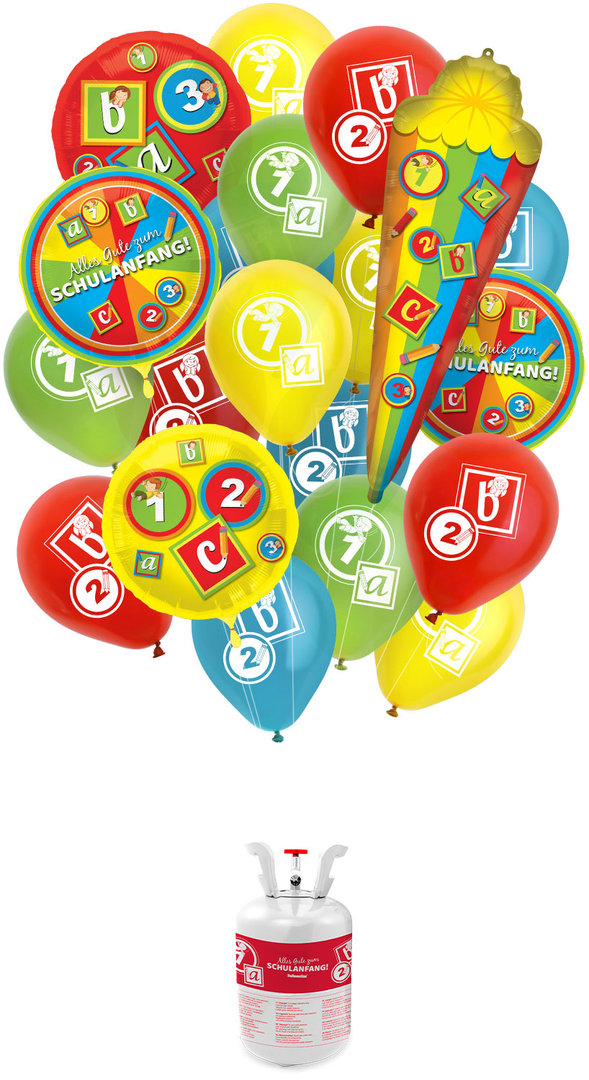 Heliumflasche Ballongas 30 "Schulanfang" mit Ballons und Bändern