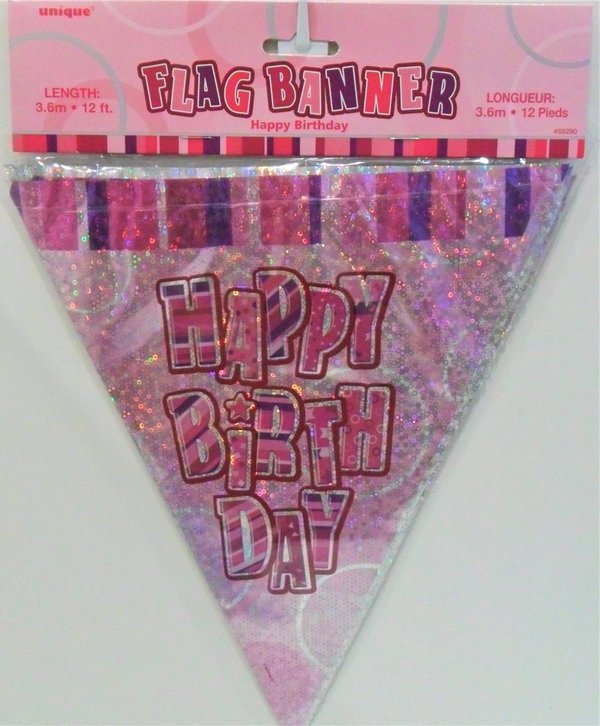 Wimpelkette Happy Birthday Glitz Pink 3.60m