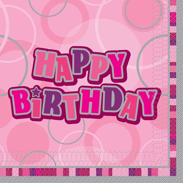 16 Servietten Happy Birthday  Pink Glitz  33cm