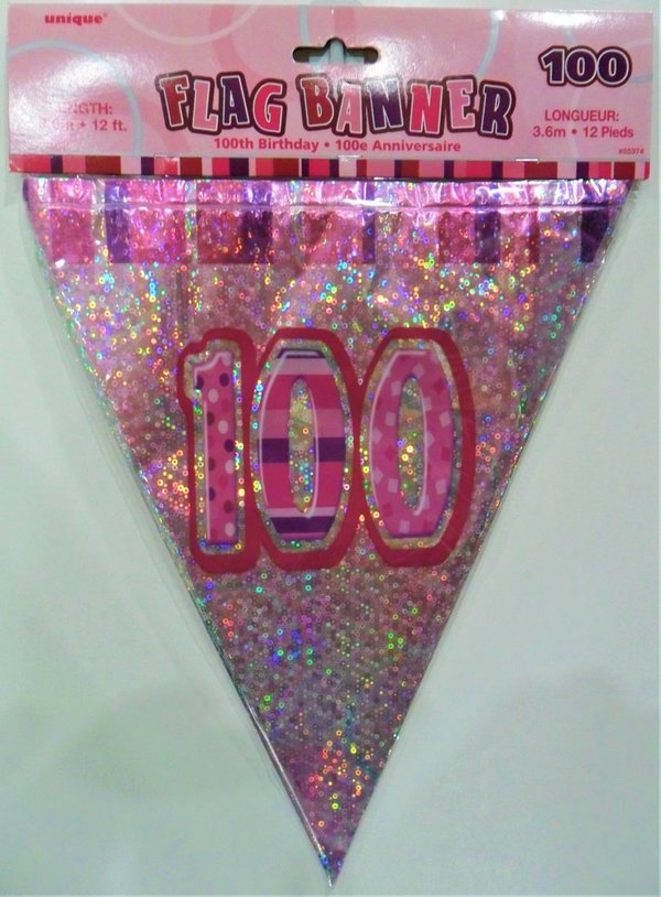 Wimpelkette Glitz Pink - Zahl 100 - 3,60m