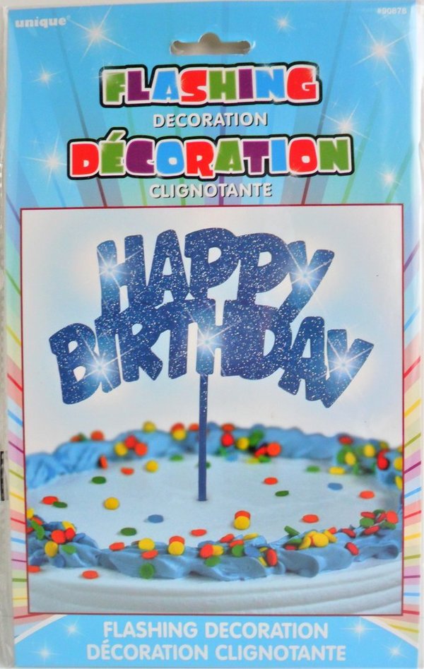 Blinkende Happy Birthday Kuchendekoration Blau-Glitzer  23cm