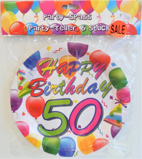 6 Pappteller Bunt Happy Birthday "50"