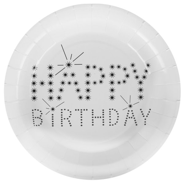10 Pappteller Happy Birthday weiß-schwarz