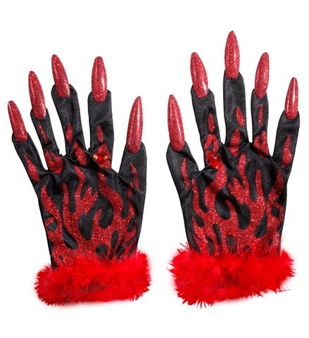 Teufelshandschuhe mit Fingernägeln und rotem Glitzerflammen