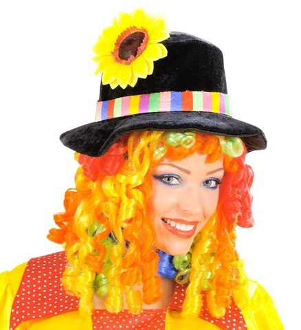 Clown Samthut mit Blume und Perücke mit mehrfarbigen Locken