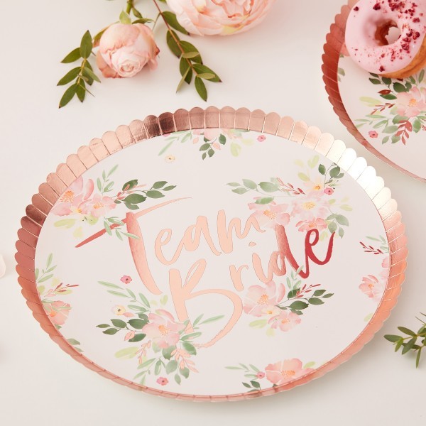 8 Paper Plates - Foiled - Rose Gold Floral "Team Bride"